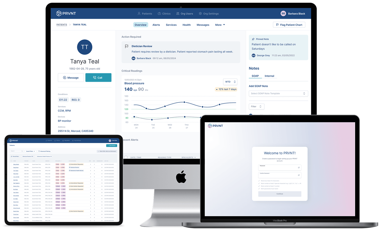 PRVNT care-team platform with patient overview and worklist across desktop and laptop screens